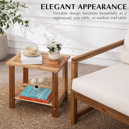 VICTORY RELAX Solid Acacia Wood Side Table with 2-Tier Storage, Weather-Resistant Outdoor Indoor End Table, Light Natural Rustic Color Night Stand