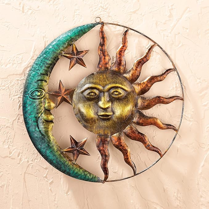 Collections Etc Artistic Sun and Moon Metal Wall Art for Indoors or Outdoors with Rustic Finish, Brown