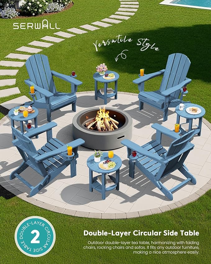 SERWALL Round Outdoor Side Table, HDPE Small Adirondack End Table,2-Tier Patio Side Table for Backyard Pool Porch Garden Lawn, Navy