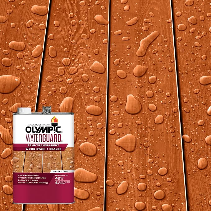 Olympic WaterGuard 1 gal Woodland Cedar Wood Stain & Sealer | Water-Based Deck, Fence & Siding Stain, Waterproofing UV, Semi-Transparent