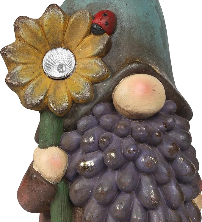 Alpine Corporation MCC852SLR Solar Gnome Holding Flower with Turquoise Hat Statue, Stylish Décor for Garden, Patio, & Lawn, 18" H, Multicolor