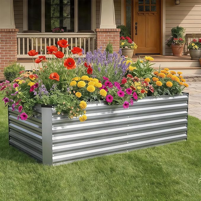 6x3x2FT Galvanized Raised Garden Bed, Outdoor Metal Raised Planter Box for Vegetables, Elevated Rust-Resistant Rectangle Gardening Container Kit with Reinforced Panels for Backyard,Patio(Silver)