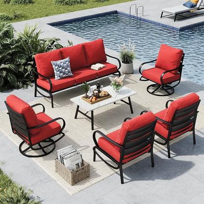 MFSTUDIO 6 Pieces Metal Patio Furniture Sets, 2 Swivel Chairs, 3-Seat Loveseat Sofa, 2 Patio Chairs & 1 Marbling Coffee Table, All Weather 7 Seats Outdoor Conversation Set for Garden, Burgundy Red