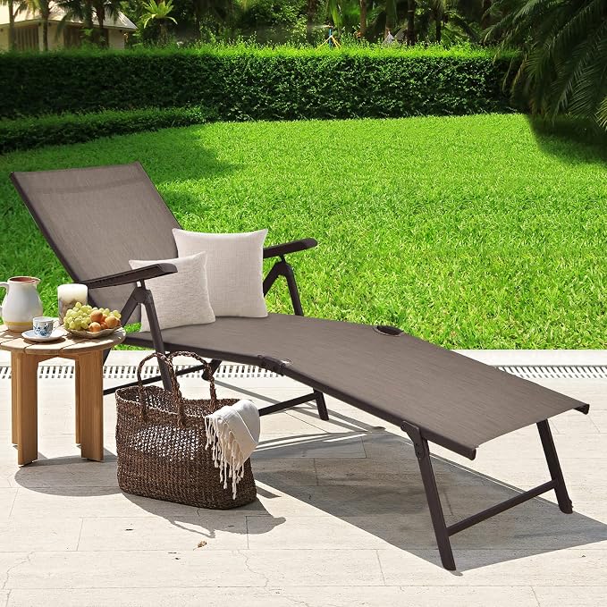 Tangkula Folding Lounge Chair Outdoor, Recliner Chaise Lounge with 5-Position Adjustable Backrest & 2-Position Footrest, No Assembly Required, Suitable for Patio Poolside Beach Yard (2, Brown)
