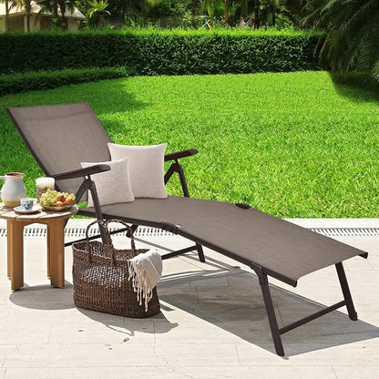 Tangkula Folding Lounge Chair Outdoor, Recliner Chaise Lounge with 5-Position Adjustable Backrest & 2-Position Footrest, No Assembly Required, Suitable for Patio Poolside Beach Yard (2, Brown)