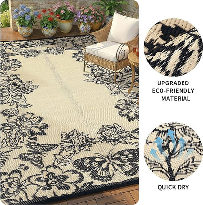 Garvee Outdoor Rugs 9’x12’ Waterproof Reversible Mats, Large Area Plastic Straw Rug, Outside Carpet, Butterfly Floral Rv Mat for Patio Camping Picnic Backyard Deck Balcony Porch Beach Trailer