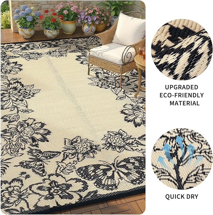 Garvee 5’x8’ Waterproof Patio Outdoor Rug, Outdoor Plastic Straw Rug for Camping, RV Mat Outside, Indoor Outdoor Carpet for Porch, Deck, Backyard, Balcony, Picnic, Black & Brown