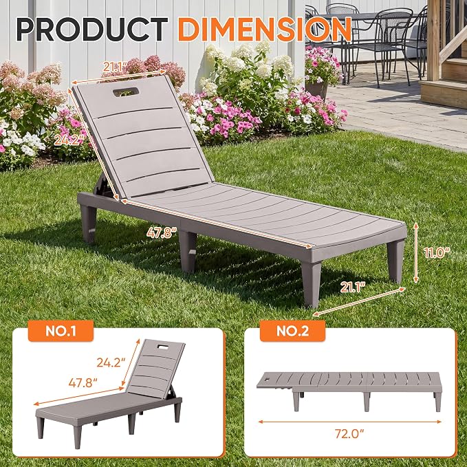 Homall Patio Chaise Lounge Chairs Set of 2, Outdoor Lightweight Lounge Chairs, 5 Position Adjustments Backrest for Outside Pool, Garden, Patio and Beach, Light Brown
