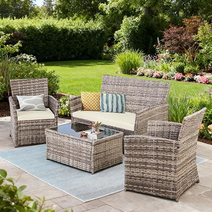 4 Piece Patio Furniture Set, Outdoor Wicker Conversation Set, Rattan Sectional Sofa Couch with Glass Coffee Table & Thick Cushion for Backyard, Porch, Garden, Poolside, Grey/Beige