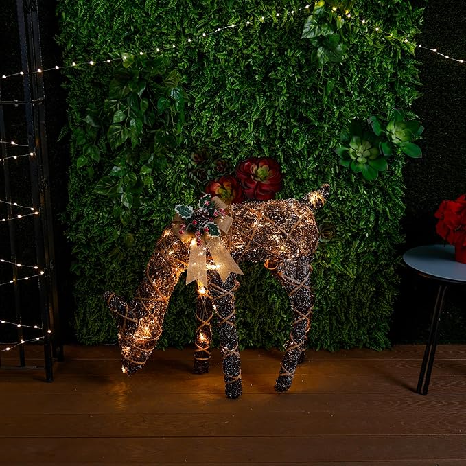 Alpine Corporation 29" Tall Natural Twig Wrapped Rattan Grazing Deer with Warm White LED Lights, Indoor/Outdoor Rustic Holiday Decoration, Brown