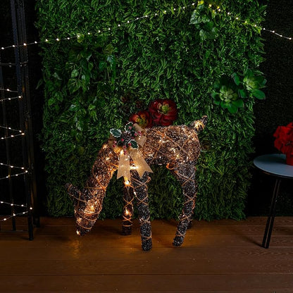 Alpine Corporation 29" Tall Natural Twig Wrapped Rattan Grazing Deer with Warm White LED Lights, Indoor/Outdoor Rustic Holiday Decoration, Brown