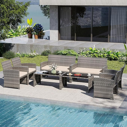 Tangkula 8 Piece Patio Wicker Furniture Set, Outdoor Heavy Duty Rattan Cushioned Chairs, Loveseat and Tempered Glass Coffee Table, for Backyard, Balcony, Poolside