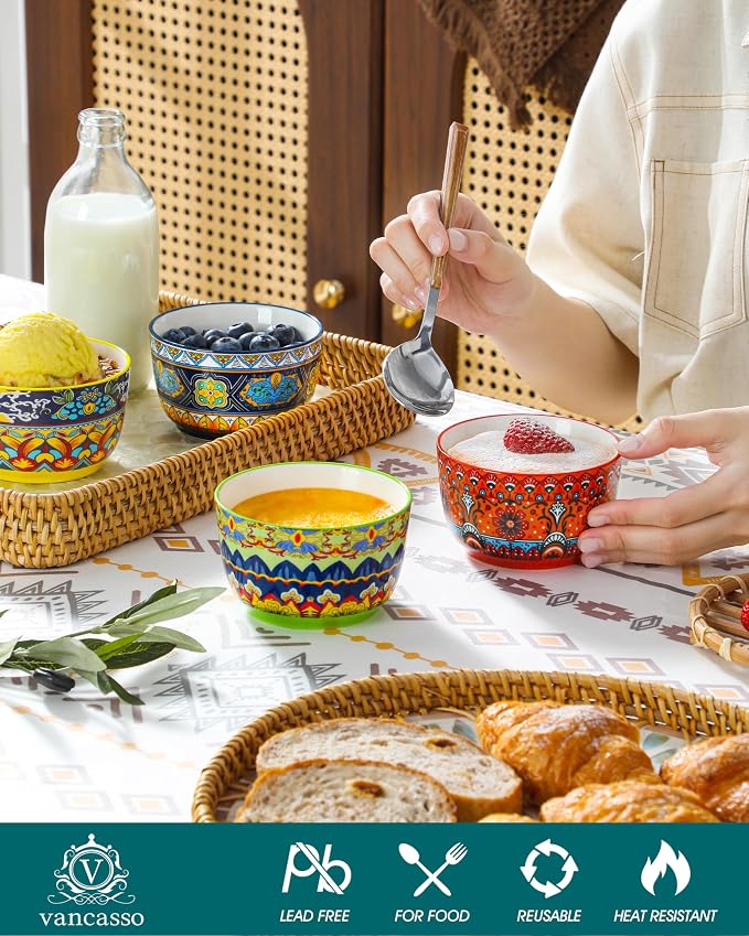 vancasso Ramekins 8 oz Oven Safe, Bohemian Style Creme Brulee Ramekin Set of 6, Porcelain Souffle Dishes Pudding Custard Cups for Baking Ramiken Bowls for Ice Cream