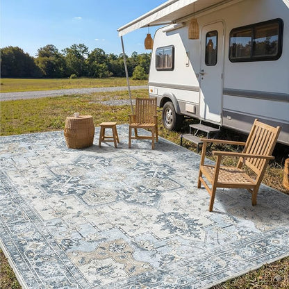 GENIMO Outdoor & Indoor Area Rug 10'x14', Waterproof, Non-Shedding, Easy Cleaning, Boho Mat for Patio, Living Room, Balcony, Dining Room, RV, Deck, Bedroom, Camping, Outside Carpet,Blue