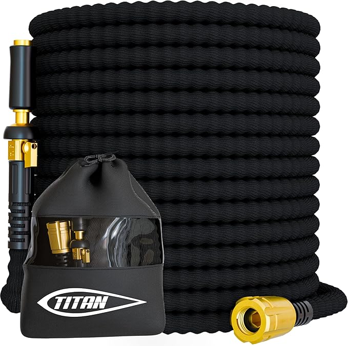 TITAN Flexible Garden Hose 30FT – Ultra Lightweight, Heavy Duty Water Hose with Brass Fittings & Jet Nozzle – Kink-Free, Non-Expanding, Durable Fabric Hose for Yard, Lawn, Car Wash, Outdoor Use