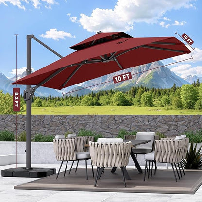 10' X 10' Cantilever Patio Umbrella Outdoor with Base Included Heavy Duty Double Top Windproof Square Offset Umbrellas with 360-degree Rotation for Pool Deck Backyard, Wine Red