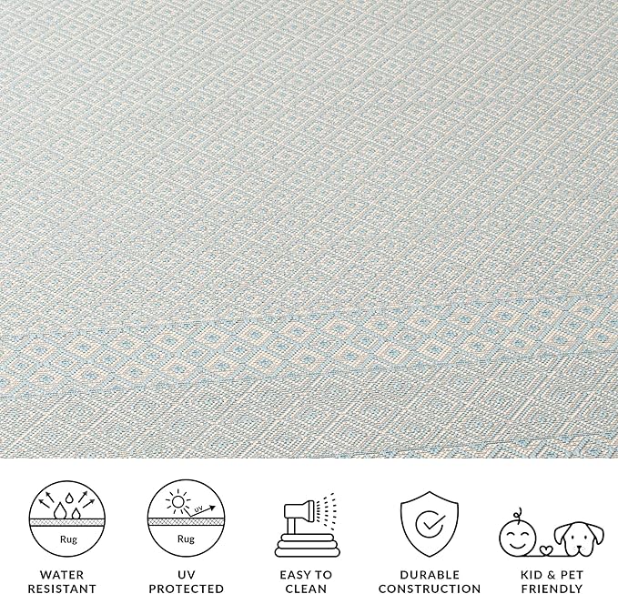 SAFAVIEH Washable Rug Outdoor Courtyard Collection - 5'3" x 7'7", Beige & Aqua Blue, Non-Shedding & Easy Cleaning, Ideal for Patio, Backyard, Mudroom (CY6235-21312)