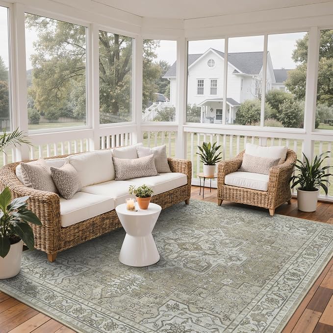 GENIMO Outdoor & Indoor Area Rug 9'x12', Waterproof, Non-Shedding, Easy Cleaning, Boho Mat for Patio, Living Room, Balcony, Dining Room, RV, Deck, Bedroom, Camping, Outside Carpet,Coffee Beige