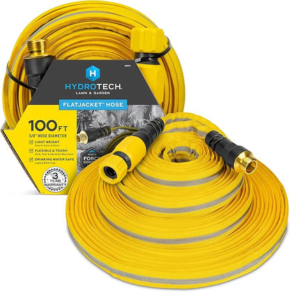 HydroTech FLATJACKET 5/8" 100 ft Garden Hose with Patented Force Control Technology - Flexible, Kink-Free, Lightweight Hose for Lawn, Garden, Car Washing, Deck and Patio Cleaning