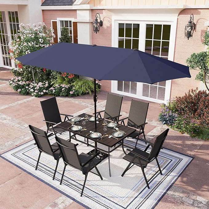 PHI VILLA Outdoor Patio Dining Set for 6 with Umbrella, Rectangle Patio Table and Chairs Set with 6 Adjustable Folding Patio Chairs(Black) & 13 Ft Blue Patio Umbrella