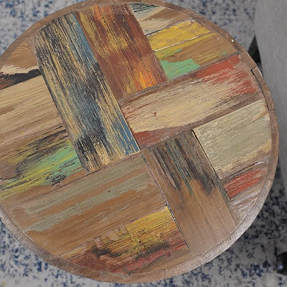 Wood Multi Color Side Table 16" x 16" x 21.5" H Farmhouse Reclaimed Wooden Coffee Tables Round Vintage Accent Rustic Plant Stand Outdoor Patio End Tables for Living Room Bedroom