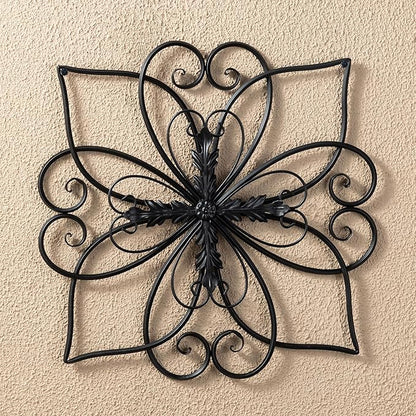 Glitzhome Black Metal Wall Art Decor, 20 Inch Iron Wall Decor with Heart and Petal Scroll Design, Indoor Outdoor Wall Accent for Garden Porch Patio