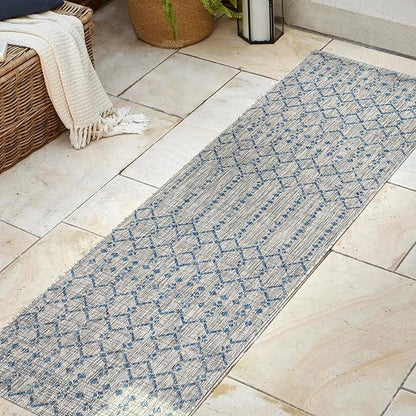 JONATHAN Y Moroccan Geometric Indoor Outdoor Runner Rug 2X8 Light Gray/Navy, Ourika Textured Weave for Backyard, Patio, Porch, Easy-Cleaning, High Traffic, Pet-Friendly, Non-Shedding (SMB108A-28)