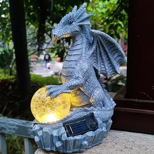 Solar Dragon Garden Statues Outdoor Decor, Resin Dragon Figurine with Solar Crackle Globe LED Lights Lawn Patio Balcony Art Decoration,Housewarming Gifts and Yard Ornament