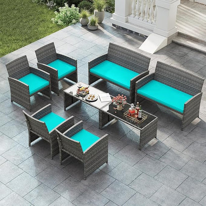 Tangkula 8 Piece Patio Wicker Furniture Set, Outdoor Heavy Duty Rattan Cushioned Chairs, Loveseat and Tempered Glass Coffee Table, for Backyard, Balcony, Poolside