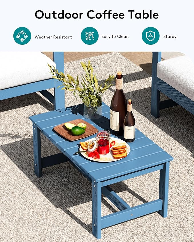 SERWALL 8 Pieces HDPE Outdoor Conversation Sofa Set with Cushions, All Weather Use Couch Loveseat Furniture with Side Table for Balcony, Deck, Poolside, BlueFrame with Khaki Cushions