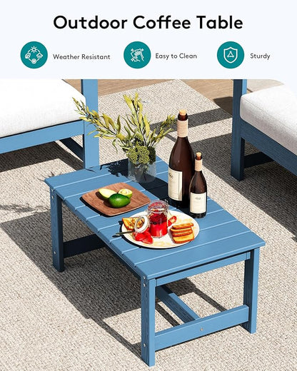 SERWALL 4 Pieces HDPE Outdoor Sofa Set with Cushions, All Weather Use Conversation Couch Set, Outdoor Loveseat Furniture with Coffee Table for Patio, Blue Frame with Khaki Cushions