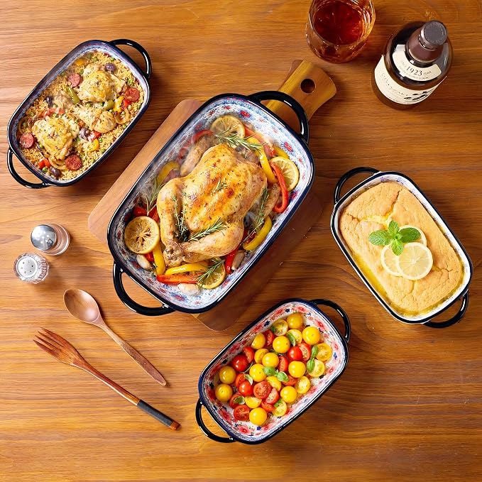 Ceramic Casserole Dishes for Oven, Hand-painted Polish Pottery Baking Dish Set of 2, 0.8QT / 2QT Porcelain Casserole Dishes with Handles, Baking Pan Lasagna Pan, Gift for Family/Friend (Blue)