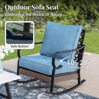 Patio Furniture Set with Firepit Table, Black Frame Outdoor Conversation Set with 2 x Rocking Chair, 1 x 2-Seat Sofa for Lawn Garden Backyard, Navy Blue