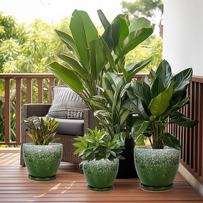 Ceraimc Plant Pot - 6.3 Inch Planter with Drainage and Plant Tray, Round Succulent Planters, Decorative Flower Pot for Indoor, Room Office Patio House Decor, Gifts for Women Men, Green