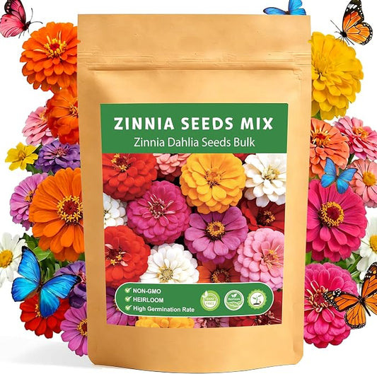 LUOJIBIE Zinnia Seeds for 2026, 6,000+ California Giant Zinnia Seeds Bulk, Double Dahlia Zinnia Mixed Color Seeds, Flower Seeds for Planting Outdoor Garden, Non-GMO Heirloom, Easy to Grow