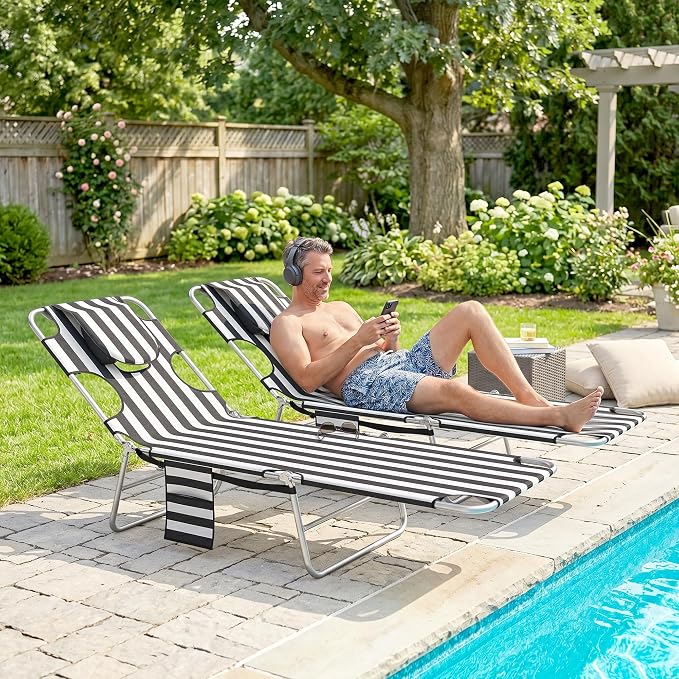 Outsunny Chaise Lounge Chairs Set of 2 Outdoor with Face Arm Hole, 5-Position Reclining Face Down Tanning Chairs with Carry Strap, Side Pocket, Portable Folding Bed Cot for Patio Pool, Black Stripe