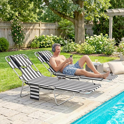 Outsunny Chaise Lounge Chairs Set of 2 Outdoor with Face Arm Hole, 5-Position Reclining Face Down Tanning Chairs with Carry Strap, Side Pocket, Portable Folding Bed Cot for Patio Pool, Black Stripe