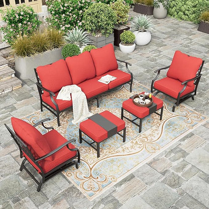 HERA'S HOUSE 5 Pieces Patio Furniture Set, 2 x Rocking Chair, 2 x Ottoman, 1 x 3-Seat Sofa, All Cushioned 7 Seats Metal Outdoor Conversation Set for Lawn Garden Backyard