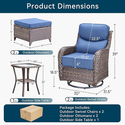 Luxury High Back Outdoor Furniture with 6-Inch Thick Cushions, Patio Furniture Set with Ottomans, 5 PCS Wicker Conversation Set for Porch, Balcony, Deck and Yard