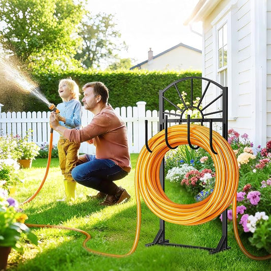 Garden Hose Holder, Upgraded Metal Water Hose Holder with 4 Hooks, Freestanding Heavy Duty Hose Hanger Stand Holds 150 FT Hoses, Detachable Hose Storage Rack for Outside Yard Lawn Farm (Black, Sun)