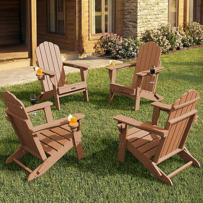 Folding Adirondack Chairs Set of 4,All-Weather HDPE Fire Pit Chair with 2 Cup Holders, Outdoor Chair for Patio Deck Garden Lawn, Teak