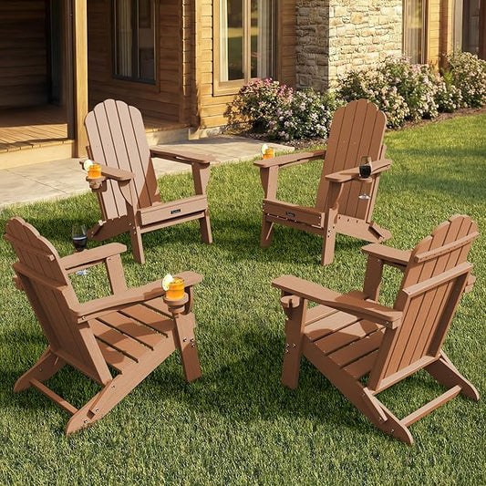 Folding Adirondack Chairs Set of 4,All-Weather HDPE Fire Pit Chair with 2 Cup Holders, Outdoor Chair for Patio Deck Garden Lawn, Teak