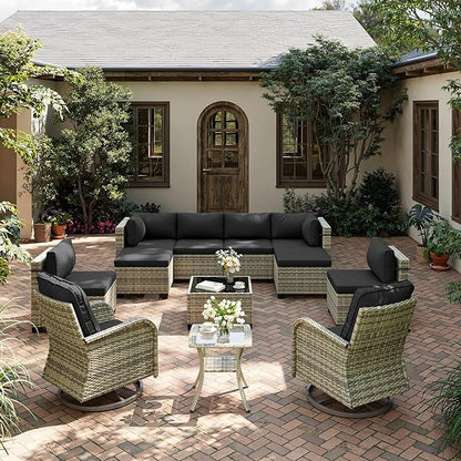 12-Piece Patio Furniture Set, Outdoor Patio Furniture with Swivel Chairs Set, Ottomans, Modular Patio Sofa, Dual-Strand Wicker Rattan, Rust-Resistant Frame, Black