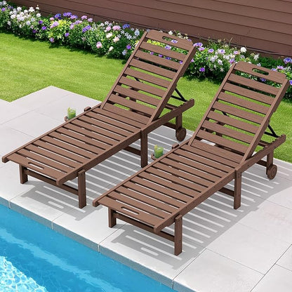 SERWALL Patio Chaise Lounge Set of 2, Outdoor Lounge Chair with 5 Positions Adjustable Backrest, HDPE Lounger with Rolling Wheels & Cup Holder for Poolside, Beach, Garden, Brown