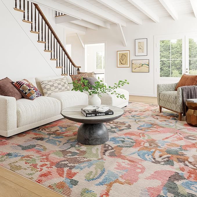 Dash & Albert Bloom Multi Machine Washable Rug, 9.5 X 13.5 Feet, Blue/Ivory Floral Pattern