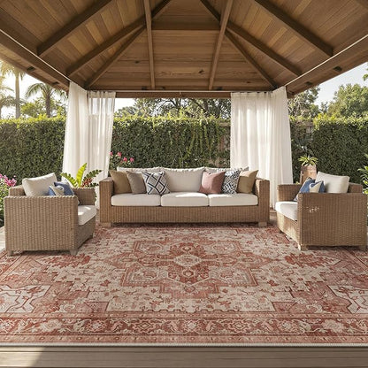 GENIMO Outdoor & Indoor Area Rug 10'x14', Waterproof, Non-Shedding, Easy Cleaning, Boho Mat for Patio, Living Room, Balcony, Dining Room, RV, Deck, Bedroom, Camping, Outside Carpet,Brown Red