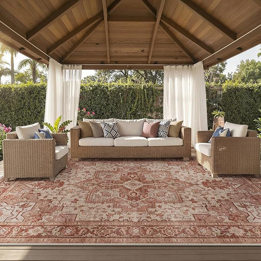 GENIMO Outdoor & Indoor Area Rug 10'x14', Waterproof, Non-Shedding, Easy Cleaning, Boho Mat for Patio, Living Room, Balcony, Dining Room, RV, Deck, Bedroom, Camping, Outside Carpet,Brown Red