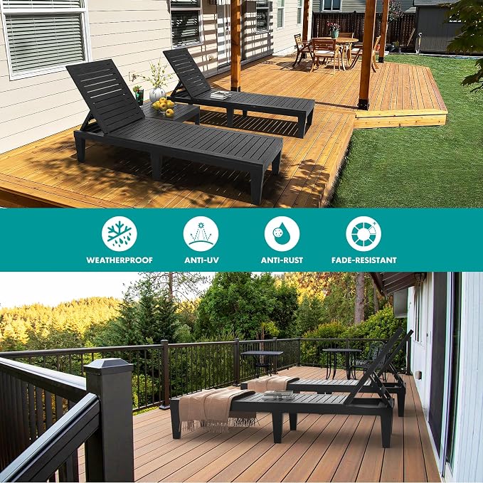 Outdoor Chaise Lounge Chairs Set of 6 for Poolside Patio Outside | Resin Weather-Resistant Sun Lounger with 5-Position Backrest, Tanning Chair for Pool Sunbathing Outside Deck Beach, Black