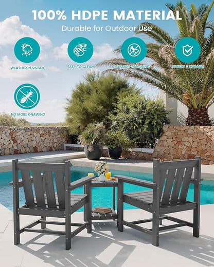 SERWALL Patio Furniture Set, HDPE Material All Weather Use Adirondack Chair Set with Side Table for Balcony, Porch, Garden, Backyard- Gray
