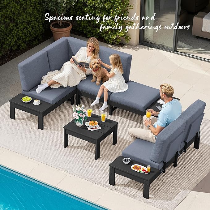 SERWALL HDPE Patio Furniture Set with 15FT Double Side Patio Umbrella, Outdoor Sofa Set, Seats 6, Modular Sectional Couch for Patio, Garden, Backyard, Black Frame with Grey Cushion